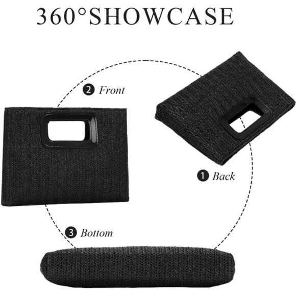 Straw Clutch Top Handbags Raffia Bag Black - Picture 5 of 6